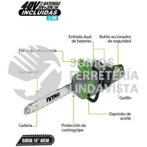 MSB106 MOTOSIERRA INALÁMBRICA 1200W, BRUSHESS, BARRA DE 16" , 2 BATERÍAS 20V, CARG NITRO