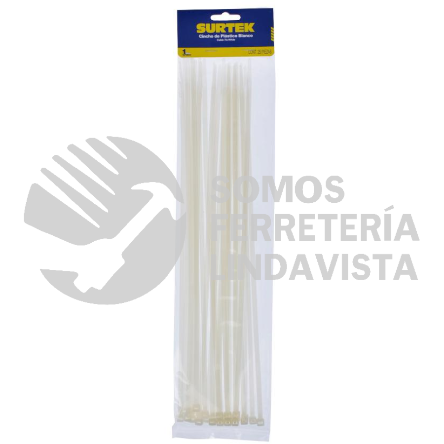 114214 CINCHOS PLASTICOS 368 X 4.6 MM, TENSION 22 KG DE 25 PIEZAS COLOR BLANCO SURTEK