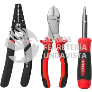 JE3D JUEGO DE PINZAS PARA ELECTRICISTA CON MANGO BIMATERIAL CON DESTORNILLADOR, 3 PIEZAS URREA