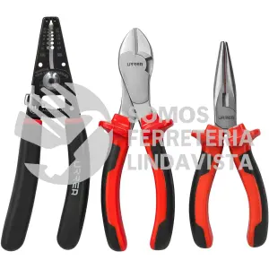 JE3N JUEGO DE PINZAS PARA ELECTRICISTA CON MANGO BIMATERIAL CON PINZA NARIZ LARGA, 3 PIEZAS URREA