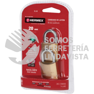 43425 CL-20 BLISTER CON 2 CANDADOS DE LATON DE 20MM CON GANCHO CORTO HERMEX