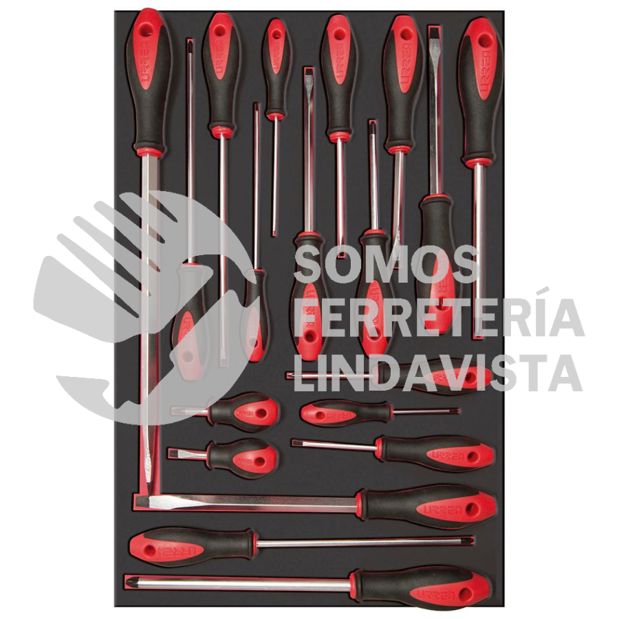 CH307 JUEGO DE DESTORNILLADORES MANGO BIMATERIAL VARIAS PUNTAS BANDEJA LAMINADA, 19 PIEZAS URREA