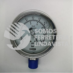 2000SSV100 VACUOMETRO INDICADOR DE VACIO CARAT 100MM 4" DE GLICERINA RANGO -1BAR A 0 (-14PSI A 0) CONEXION INFERIOR 1/2" NPT CAJA AI 304 BOURDON Y CONEX AI 316 DEWIT