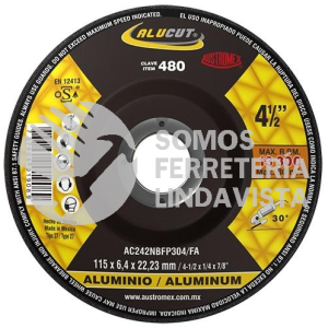 480 DISCO CON CENTRO DEPRIMIDO PARA DESBASTE DE ALUMINIO ALUCUT TIPO 27 GRANO 242 (4-1/2"X1/4"X7/8") AUSTROMEX
