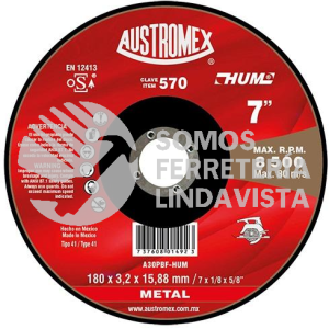 570 DISCO PARA CORTE DE METAL HUM TIPO 41 GRANO 30 (7"X1/8"X5/8") AUSTROMEX