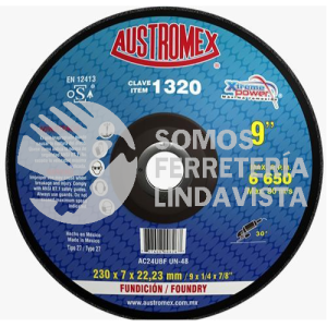 1320 DISCO CON CENTRO DEPRIMIDO PARA DESBASTE DE FUNDICION CON ARENA XTREME POWER TIPO 27 GRANO 24 (9"X1/4"X7/8") AUSTROMEX