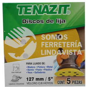 1556 PAQUETE DE 5 DISCOS DE LIJA AUTOADHERIBLE TSA4 GOLD DE 8 HOYOS GRANO 80 (5") TENAZIT