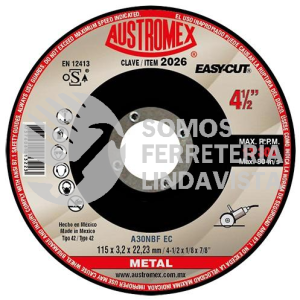 2026 DISCO CON CENTRO DEPRIMIDO PARA CORTE DE METAL EASY-CUT TIPO 42 GRANO 30 (4-1/2"X1/8"X7/8") AUSTROMEX