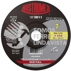 3811 DISCO CON CENTRO DEPRIMIDO PARA DESBASTE DE METAL MAGMA TIPO 27 GRANO 24 (7"X1/4"X7/8") AUSTROMEX