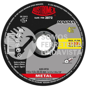 3872 DISCO DE CORTE PARA ACERO MAGMA TIPO 41 GRANO 46 (4-1/2"X1/16"X7/8") AUSTROMEX