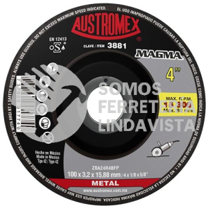 3881 DISCO CON CENTRO DEPRIMIDO PARA CORTE DE METAL MAGMA TIPO 42 GRANO 24 (4"X1/8"X5/8") AUSTROMEX