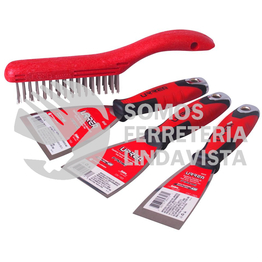 6501X JUEGO DE ESPATULAS FLEXIBLES DE ACERO INOXIDABLE CON MANGO BIMATERIAL Y CEPILLO, 4 PIEZAS URREA