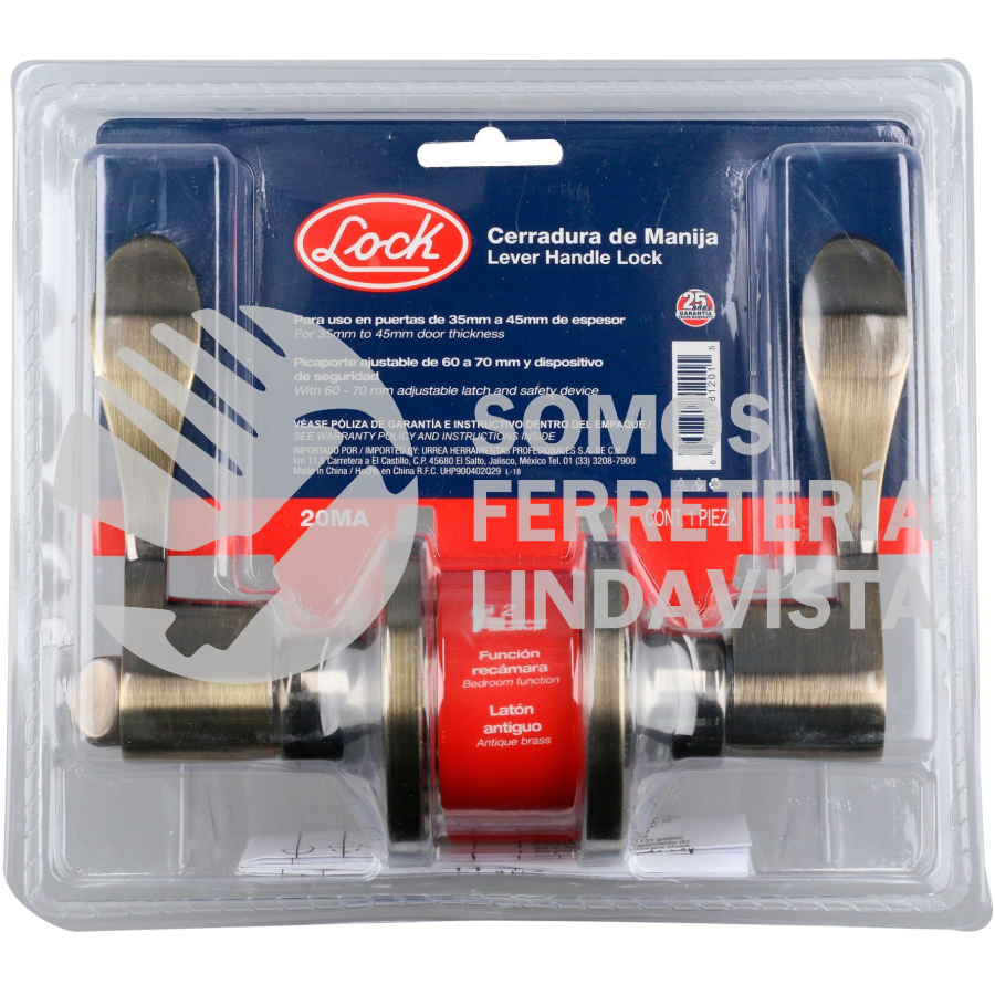 20MA MANIJA TUBULAR CURVA FUNCION ENTRADA Y RECAMARA, LATON ANTIGUO, LLAVE ESTANDAR, BLISTER LOCK