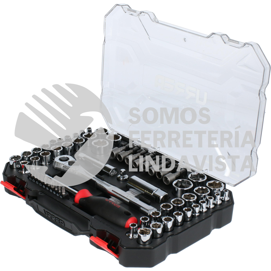 JCD01 JUEGO DE DADOS Y ACCESORIOS CUADRO DE 1/4" Y 3/8" COMBINADO, 63 PIEZAS URREA