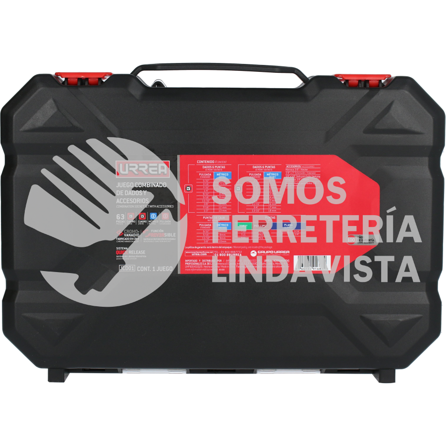 JCD01 JUEGO DE DADOS Y ACCESORIOS CUADRO DE 1/4" Y 3/8" COMBINADO, 63 PIEZAS URREA