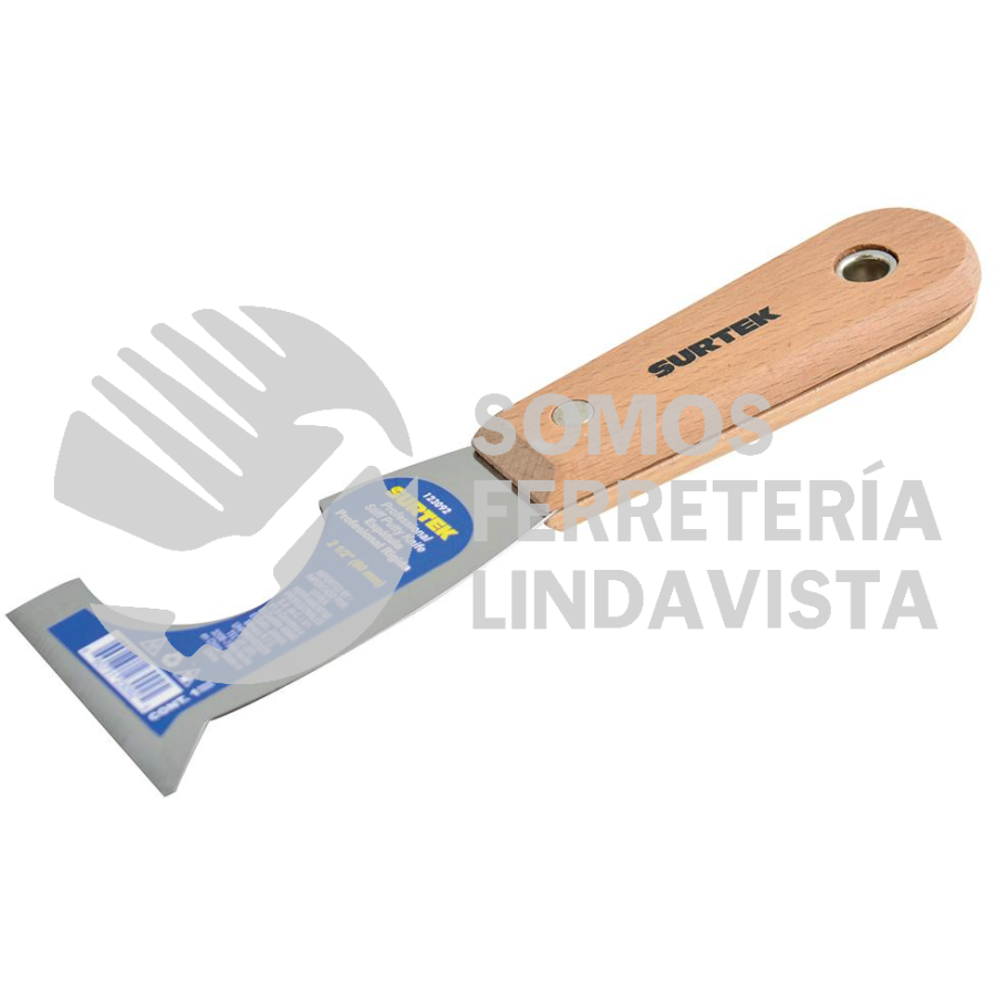 123092 ESPATULA RIGIDA DE ACERO DE ALTO CARBON CON RASPADOR CON MANGO DE MADERA 2-1/2", 5 EN 1 SURTEK