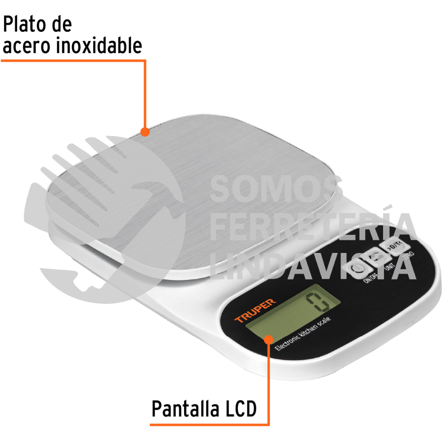 103116 BASE-5EA BASCULA DIGITAL PARA COCINA, PLATO DE ACERO INOX,5KG, TRUPER