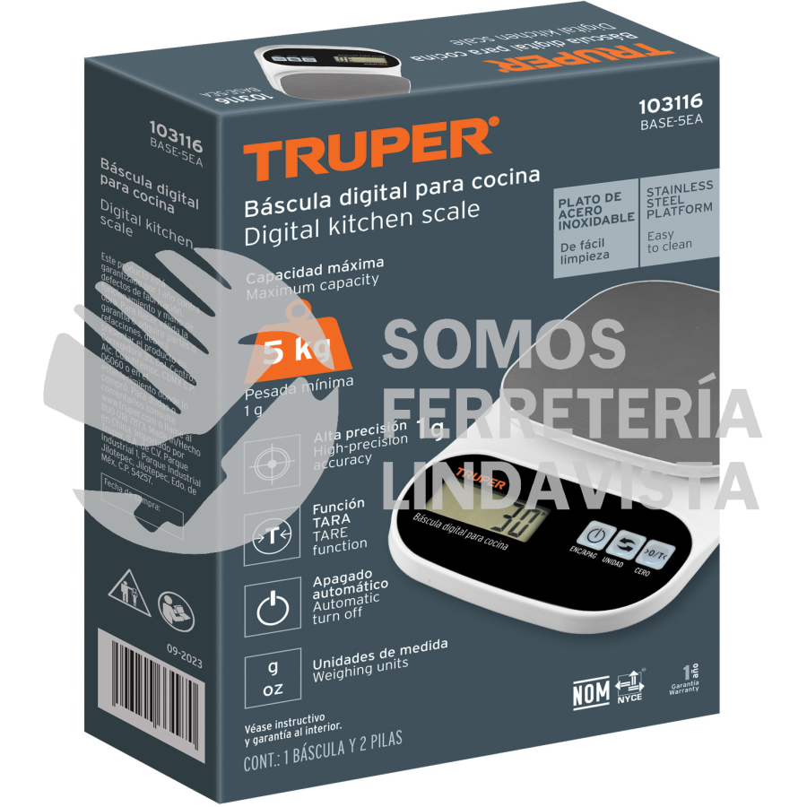 103116 BASE-5EA BASCULA DIGITAL PARA COCINA, PLATO DE ACERO INOX,5KG, TRUPER