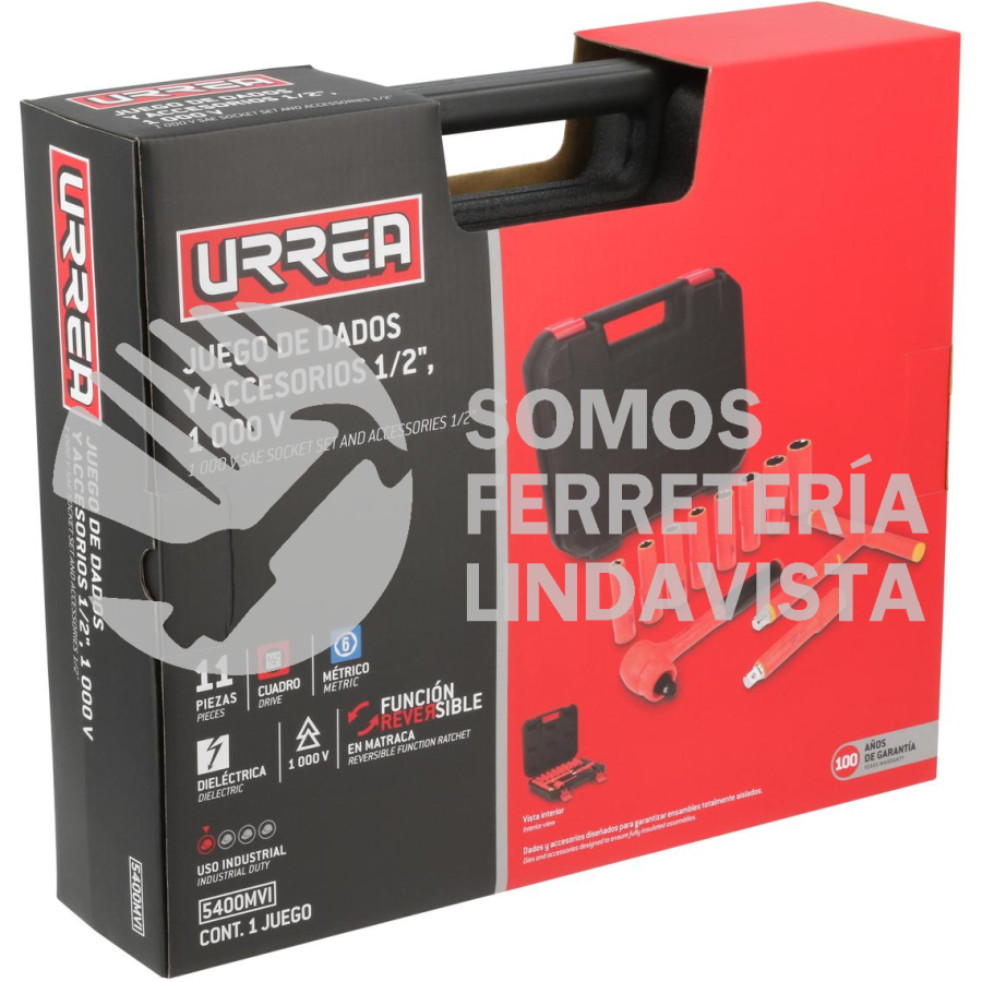 5400MVI JUEGO DE DADOS Y ACCESORIOS CUADRO DE 1/2" MÉTRICOS PARA 1000 V, 11 PIEZAS URREA