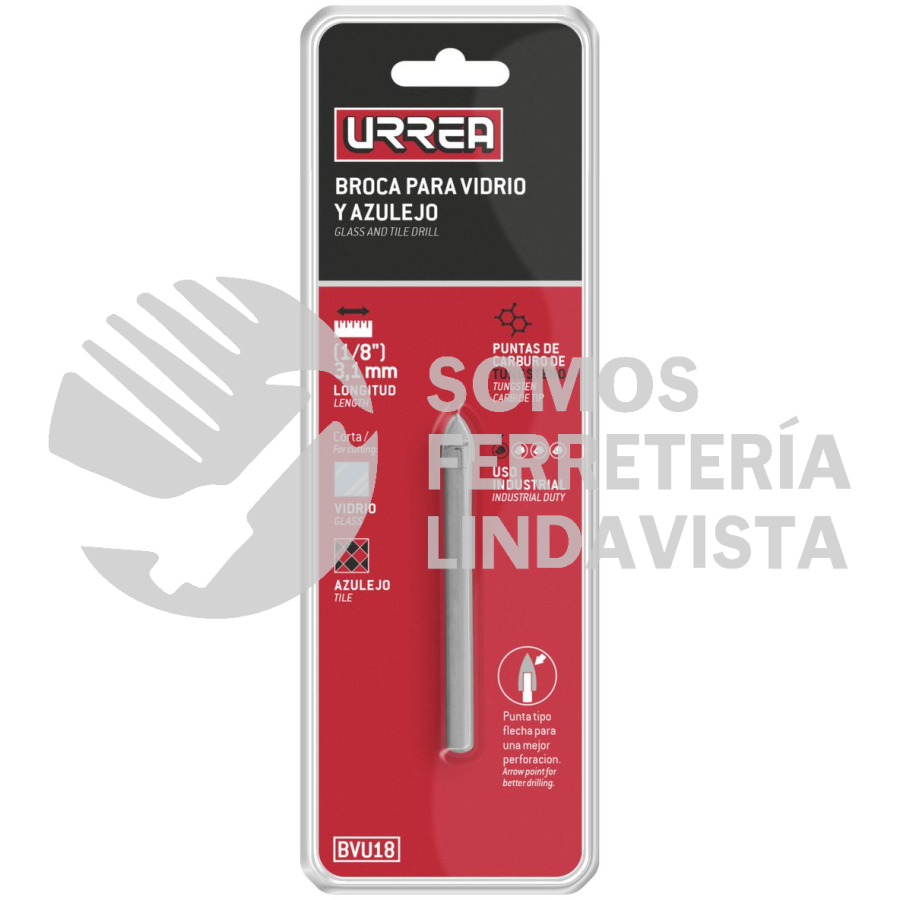BVU18 BROCA PARA VIDRIOS Y AZULEJOS DE ACERO CON CABEZA DE CARBURO DE TUNGSTENO 1/8" URREA