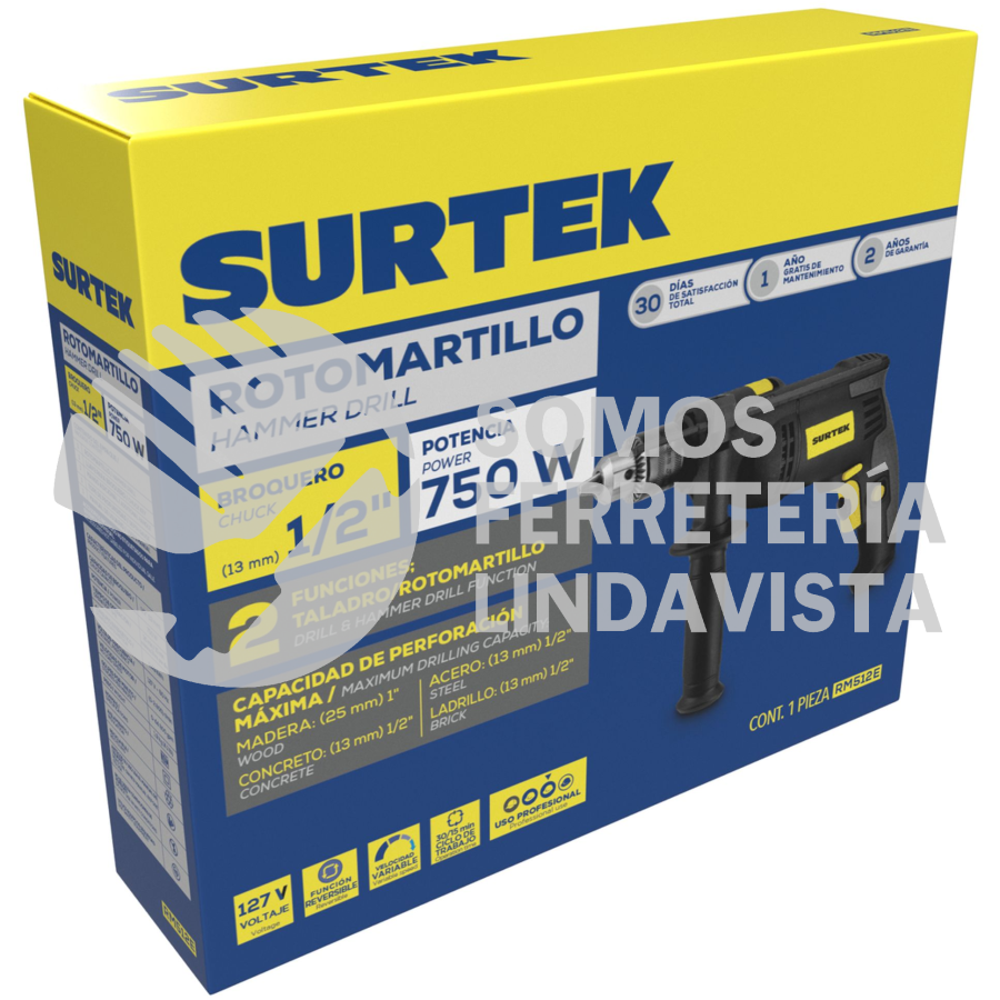 RM512E ROTOMARTILLO 1/2" 750 W 127 V, 0 - 3,000 RPM CON BOTÓN DE TRABA PARA TRABAJOS CONTINUOS SURTEK