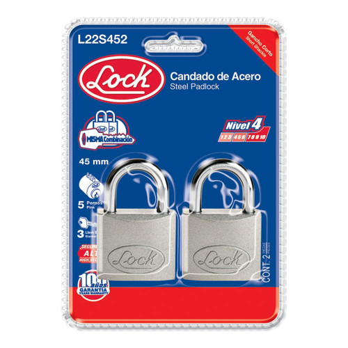 L22S452 JUEGO DE 2 CANDADOS DE ACERO CORTOS 45 MM, LLAVE ESTANDAR LOCK