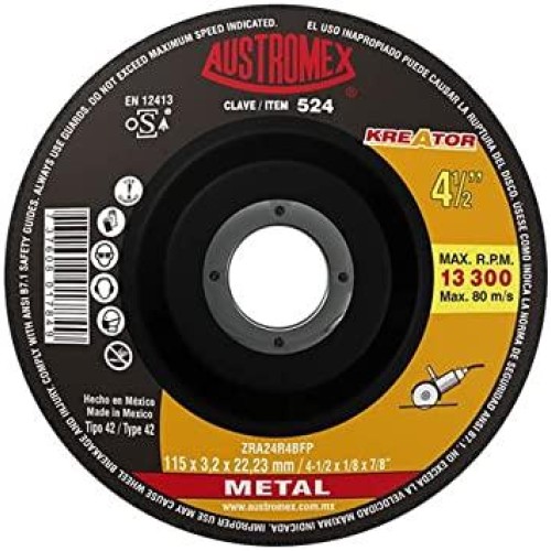 524 DISCO CON CENTRO DEPRIMIDO PARA CORTE DE METAL KREATOR TIPO 42 GRANO 24 (4-1/2