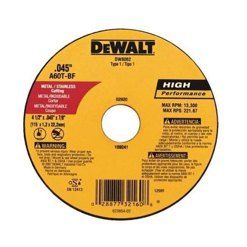 DW8062Z DISCO ULTRA DELGADO DE CORTE PARA METALES Y ACERO INOXIDABLE 4 1/2X0,045X7/8, 115X1 14X22MM TIPO 41 MAX RPM: 13,300 A60T DEWALT