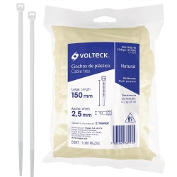 47458 CIN-1815-M BOLSA CON 1000 CINCHOS PLASTICOS 18LB 150X2.5 MM NATURALES VOLTECK