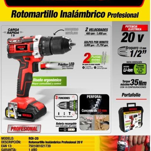 ROI-20 ROTOMARTILLO INALAMBRICO PROFESIONAL 20 V MIKELS