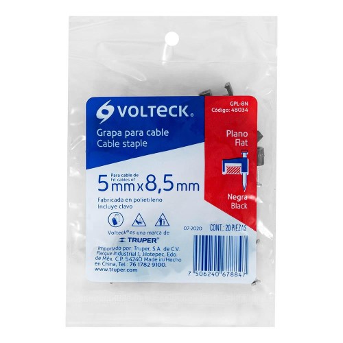 48034 GPL-8N BOLSA CON 20 GRAPAS NEGRAS DE 5 X 8.5 MM PARA CABLE PLANO VOLTECK