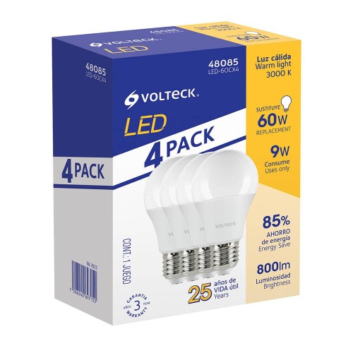 48085 LED-60CX4 PACK DE 4 LAMPARAS DE LED A19 9 W LUZ CALIDA VOLTECK