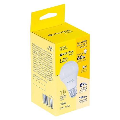 28062 LED-60CB LAMPARA DE LED TIPO BULBO A19 8 W LUZ CALIDA CAJA BASIC VOLTECK